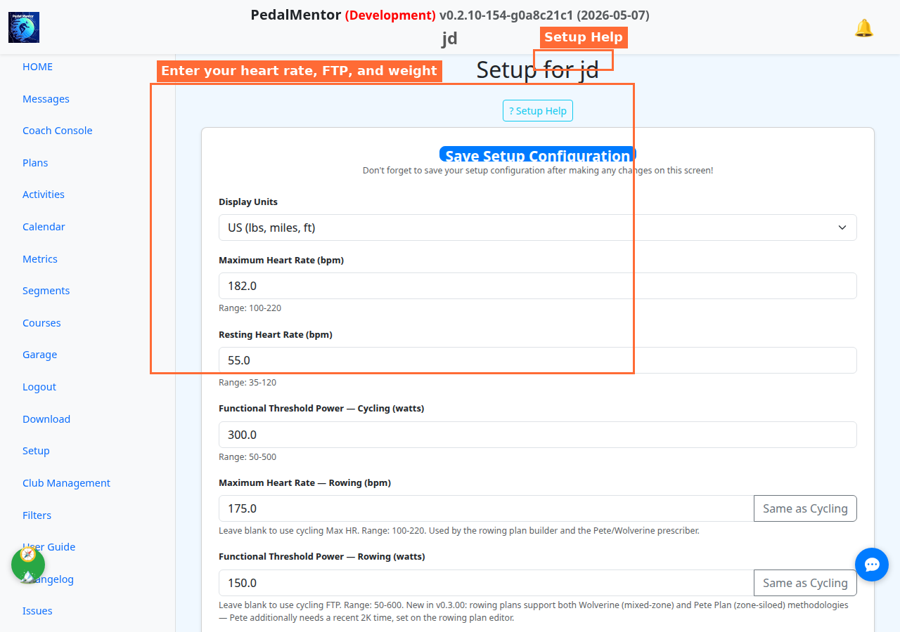 Setup page - profile
